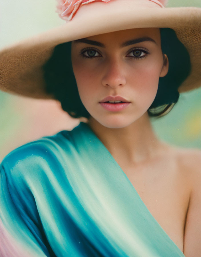 Woman in hat and blue-green top with pink flower gazes at camera