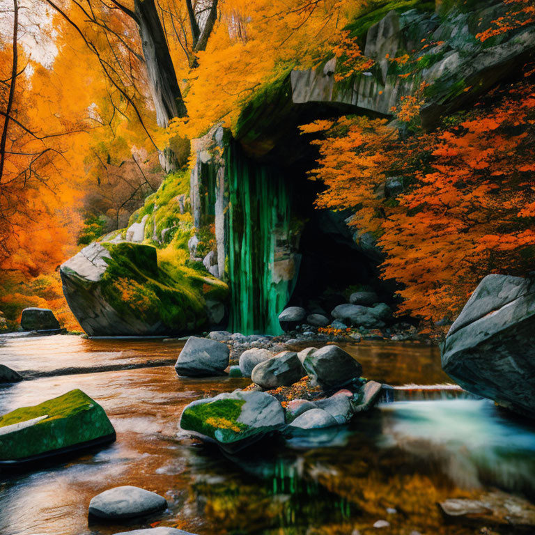 Tranquil autumn waterfall with vibrant foliage and moss-covered rocks