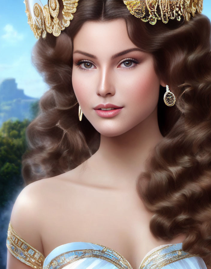 Regal woman with brown hair and golden tiara in digital art