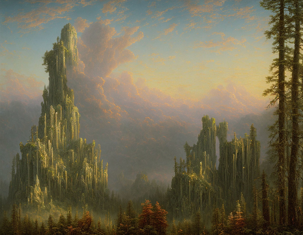 Majestic painting of castle-like rock formations in forest under dramatic sunset sky