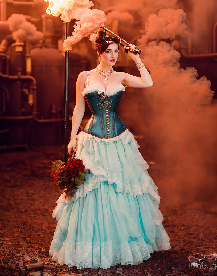 Steampunk-inspired woman in blue corset gown with top hat and telescope against industrial backdrop