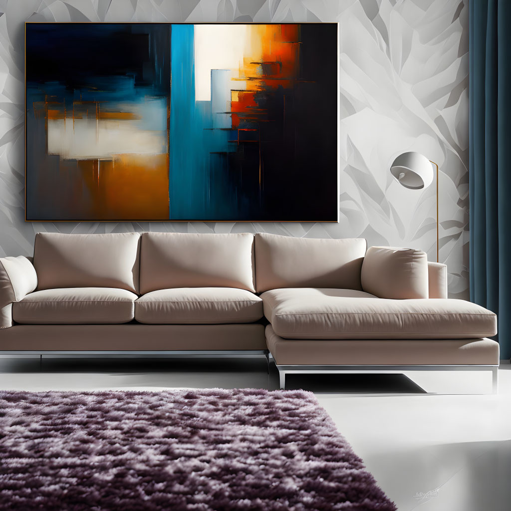 Modern Living Room with Large Abstract Painting, Beige Sofa, White Floor Lamp, and Purple Shag