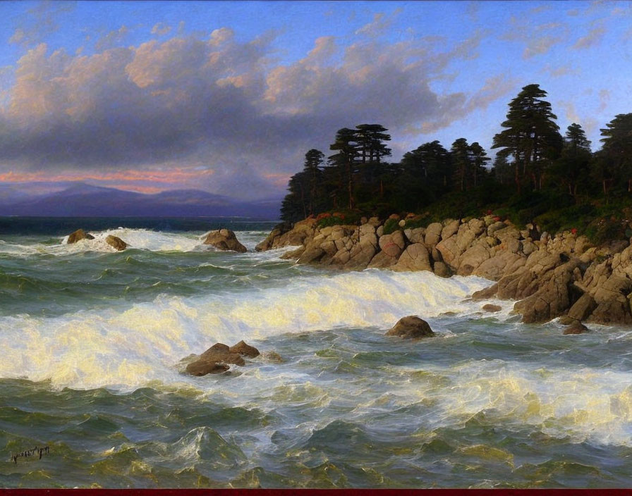 Turbulent white-capped waves crashing against rocky shore in oil painting