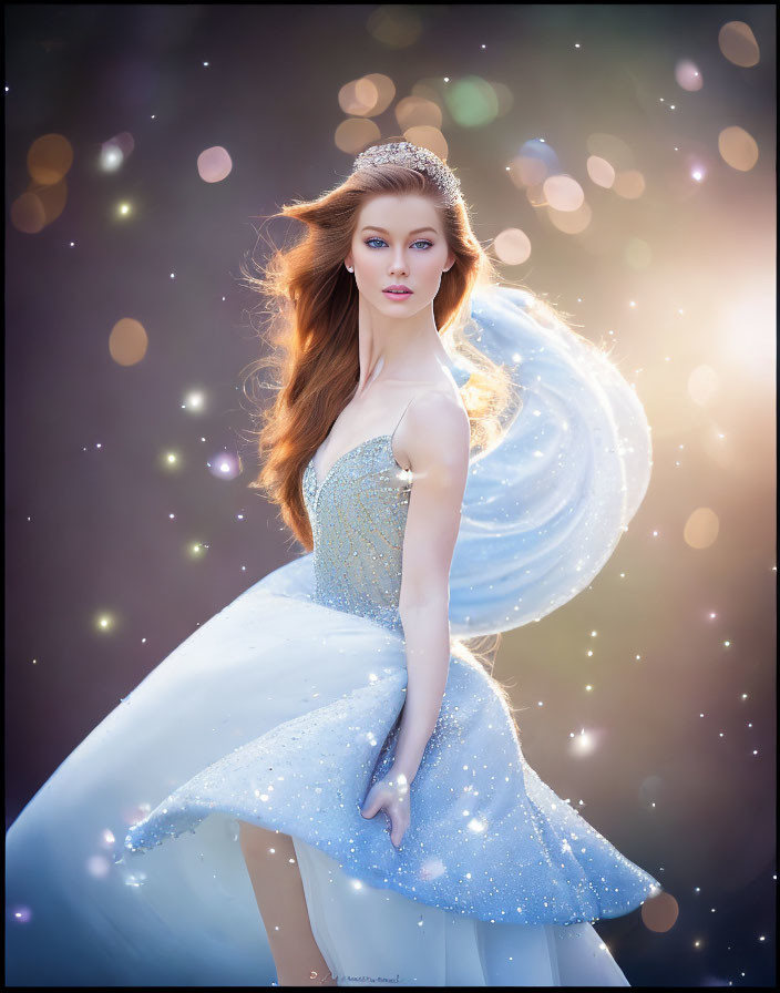 Red-haired woman in blue strapless dress with tiara, surrounded by mystical glow and sparkles