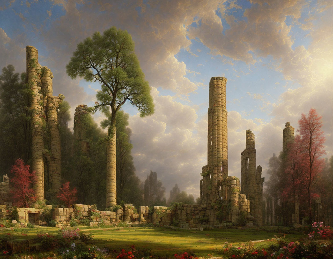 Ancient ruins with tall columns in lush greenery and colorful flowers