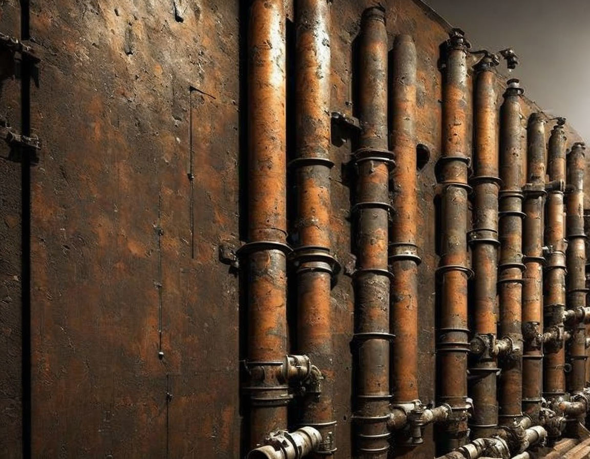 Aged industrial wall with cylindrical pipes and valves