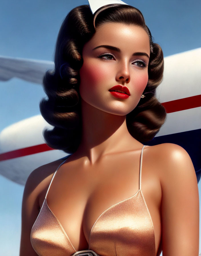 Vintage-style illustration of woman with wavy hair and red lipstick in satin top, with plane's tail