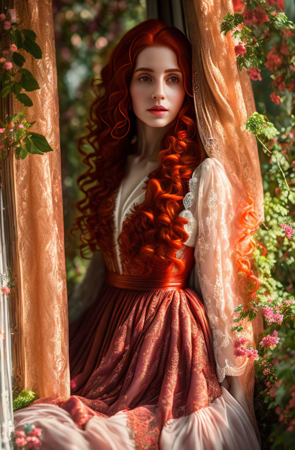 Woman with Long Curly Red Hair in Vintage Dress Surrounded by Pink Flowers