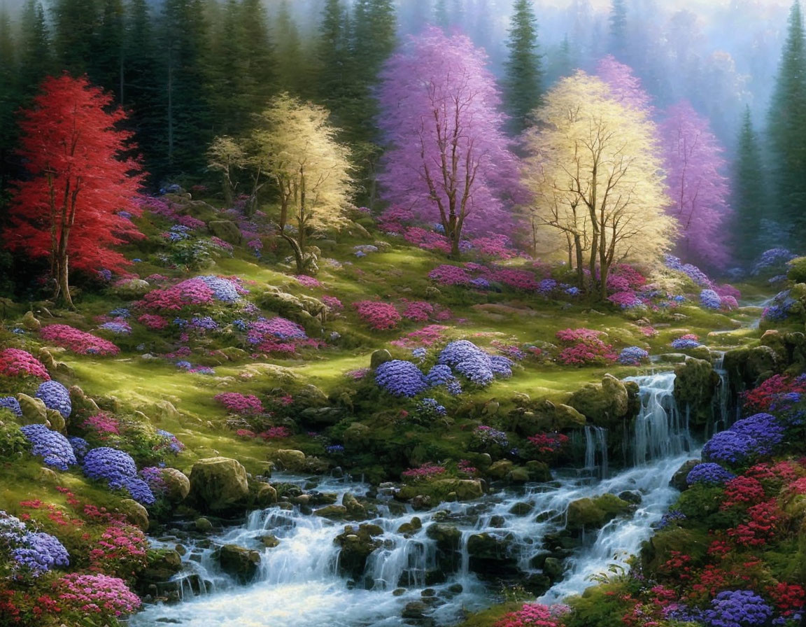 Colorful Pink and Purple Forest with Cascading Waterfall