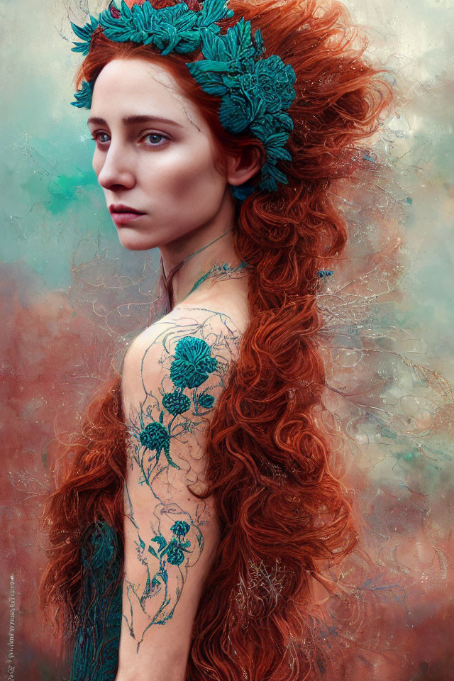 Red-haired woman with floral tattoos and headpiece in dreamy setting