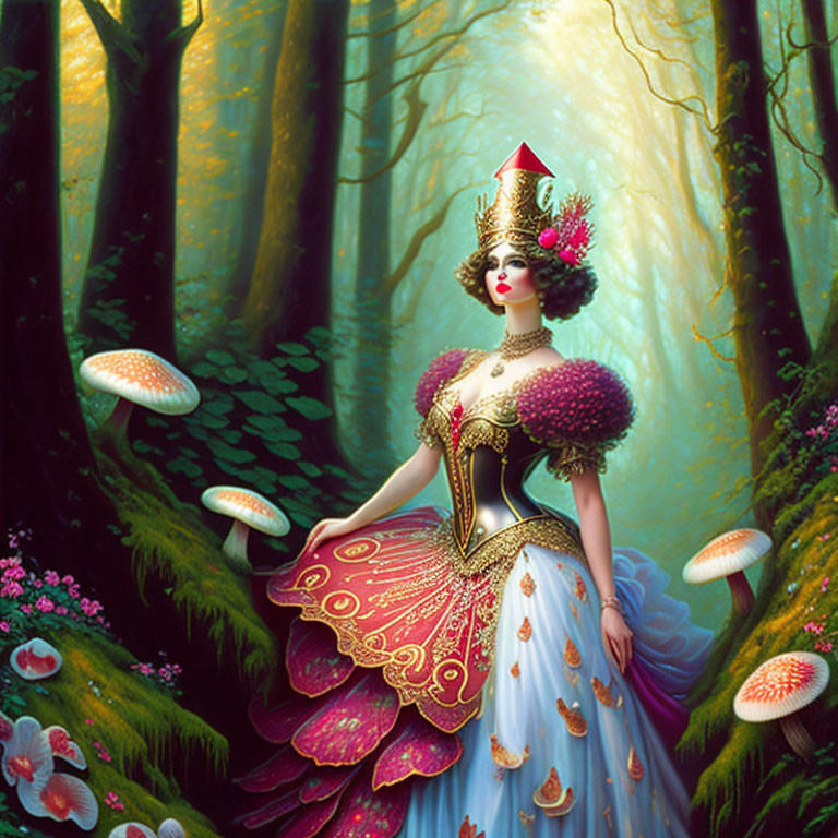 Illustration of woman in mystical costume in enchanted forest with oversized mushrooms