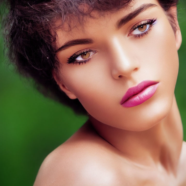 Portrait of woman with short hair and bold makeup on green backdrop