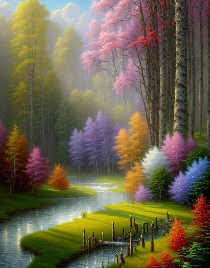 Colorful Trees Along Peaceful River in Sunlit Forest