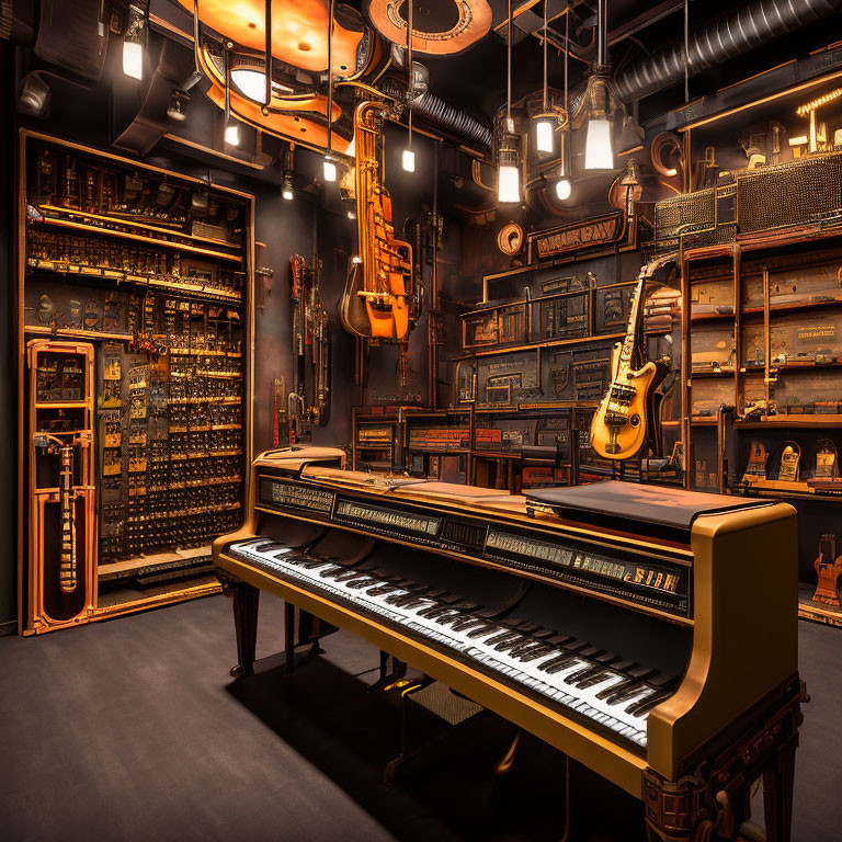 Amber-hued music room with piano, guitars, and musical gear