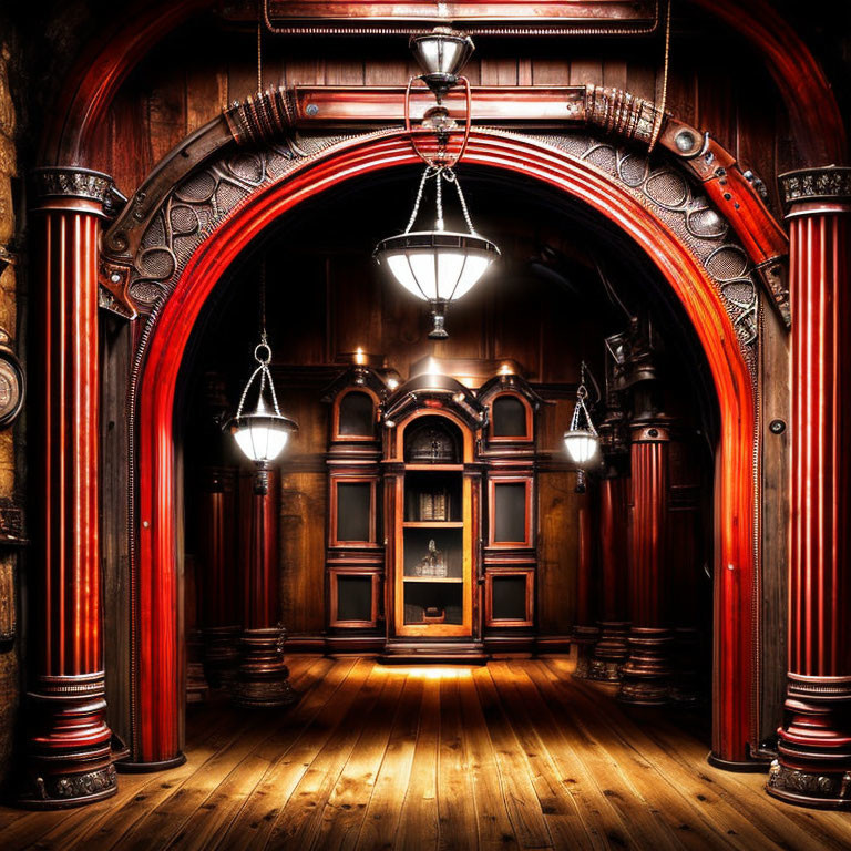 Victorian-style Wooden Library with Backlit Bookcase and Red Columns