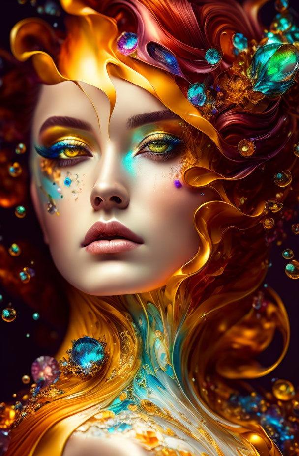 Vivid portrait of woman with orange flame-like hair and colorful makeup