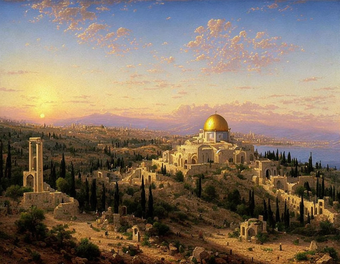 Tranquil painting of Dome of the Rock at sunset with ancient ruins and vibrant sky