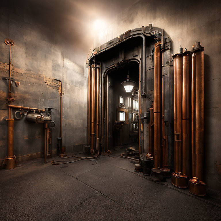 Industrial room with arched metal door, copper pipes, and hanging lamp.