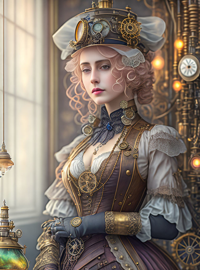 Steampunk-themed woman in elegant attire with top hat and gears.