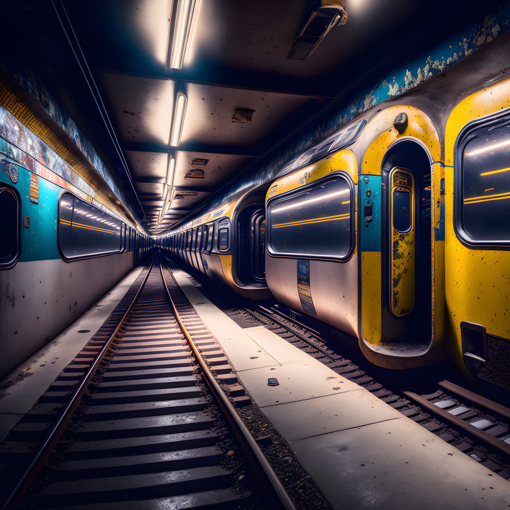 Graffiti-covered trains in dimly lit underground station