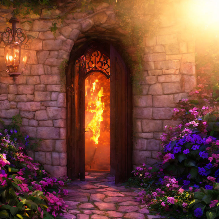 Wooden door ajar in stone archway with fiery glow, surrounded by purple and pink flowers.