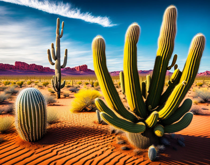 Colorful desert landscape with green cacti on red sand under blue sky