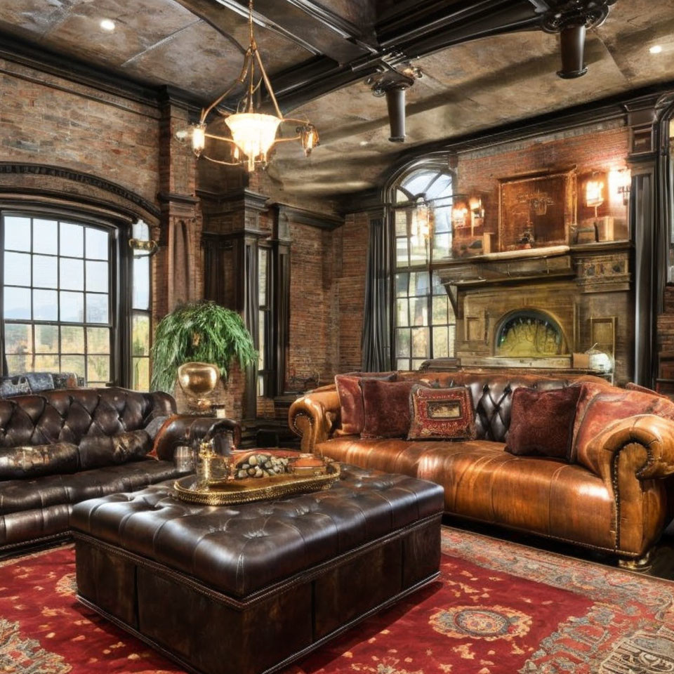 Elegant Vintage Room with Leather Sofas and Chandelier