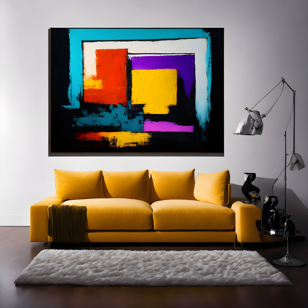 Colorful Abstract Painting Above Yellow Sofa in Modern Living Room