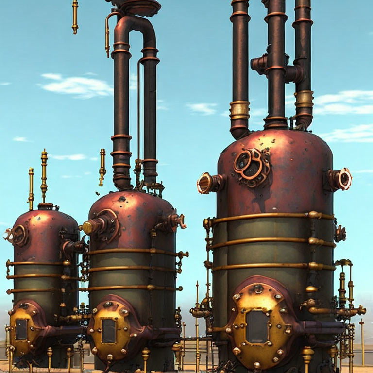 Rusted Steampunk-Style Industrial Towers in Clear Sky