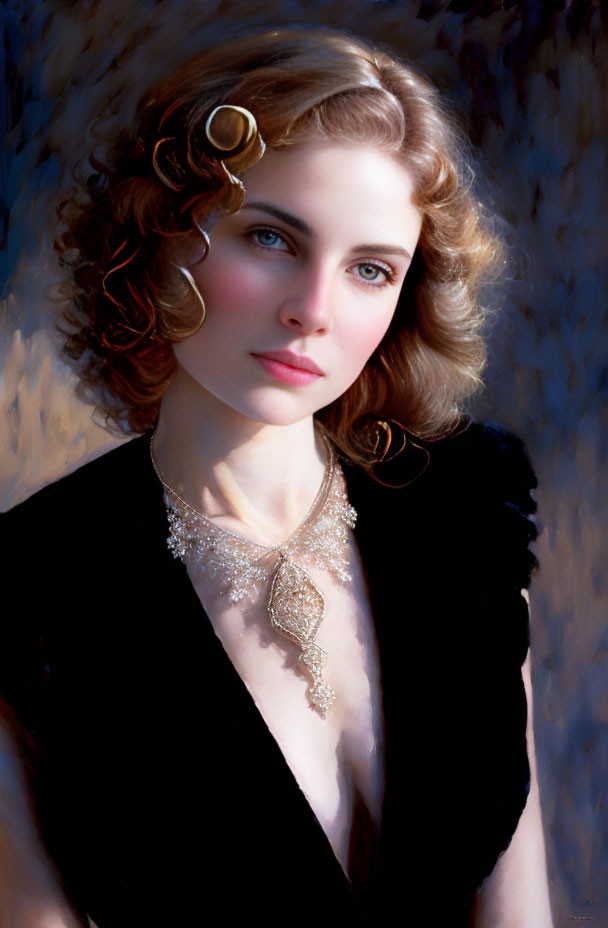 Portrait of woman with curly hair, blue eyes, black dress, and necklace on soft-focus background