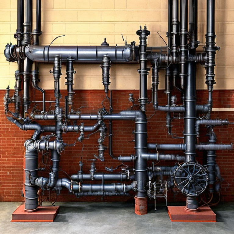 Interconnected black industrial pipes on brick wall