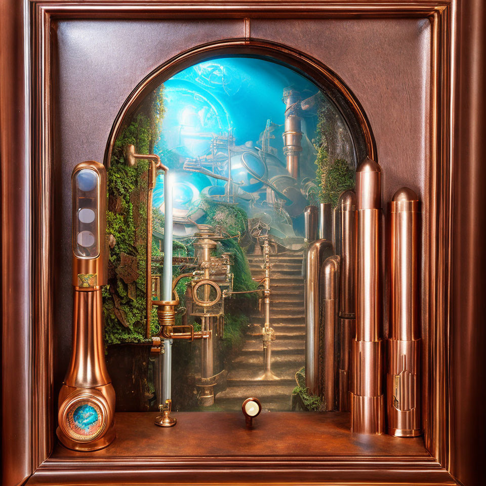 Steampunk arched doorway with copper piping and glowing blue tube, leading to lush greenery and