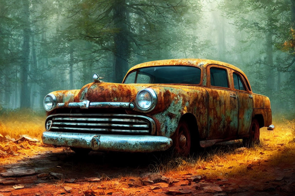 Abandoned rusty car in misty forest with sunlight filtering through trees