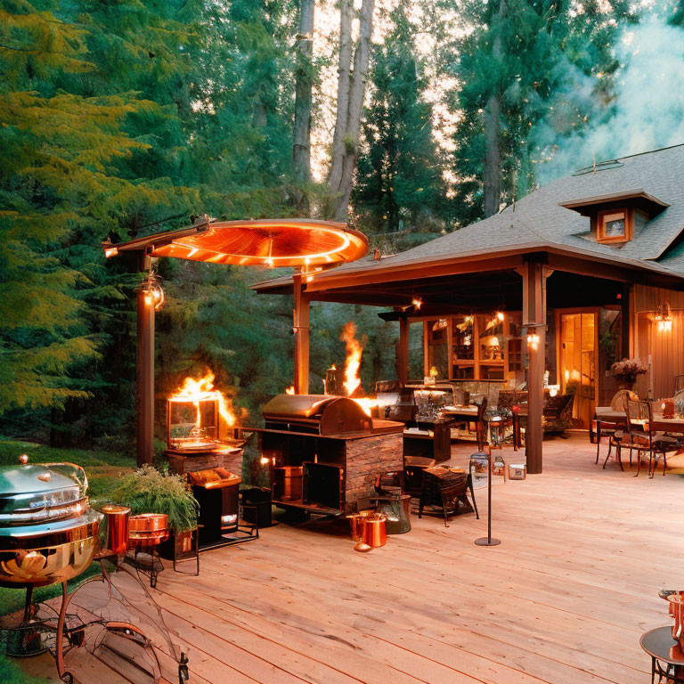 Outdoor Kitchen with Grill and Fire Torches on Wooden Deck Among Tall Trees at Dusk