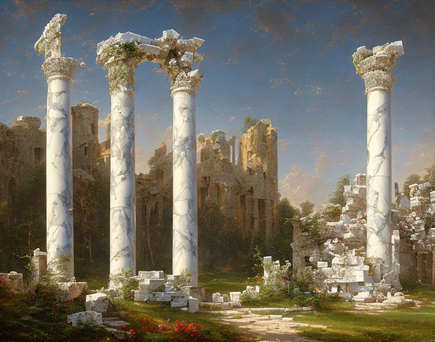 Ancient marble columns in serene landscape with ruins and greenery.