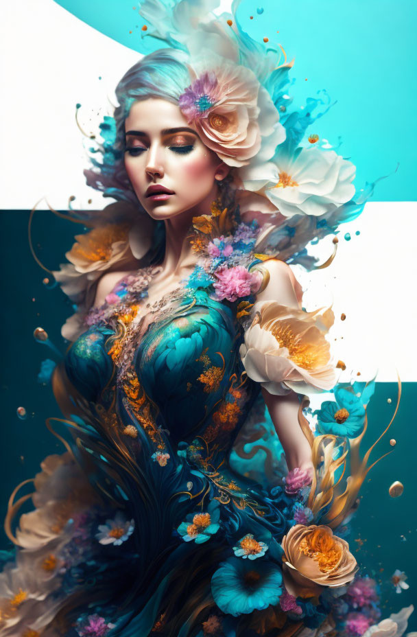 Surreal portrait of woman with floral adornments in teal, blue, and orange palette