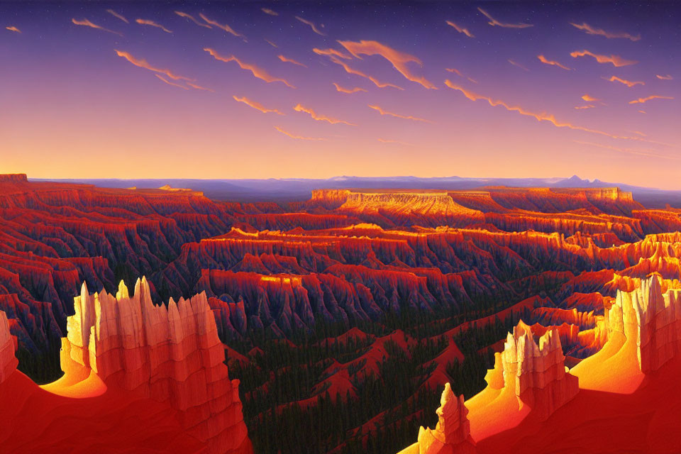 Scenic sunset over vast canyon with orange and red rock formations