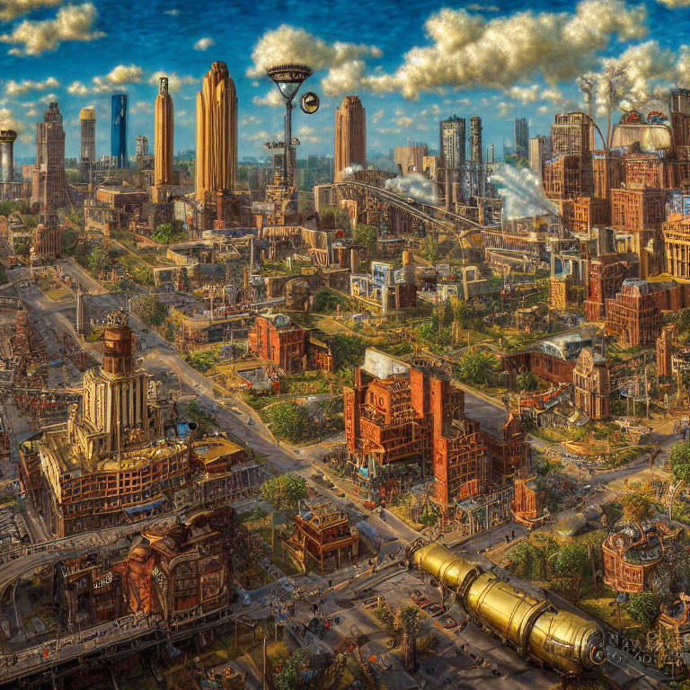 Steampunk cityscape with skyscrapers, airships, vintage and futuristic architecture under vivid sky