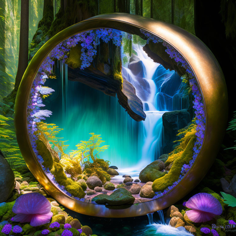 Circular Frame with Waterfall, Greenery, and Purple Flowers - Surreal Image