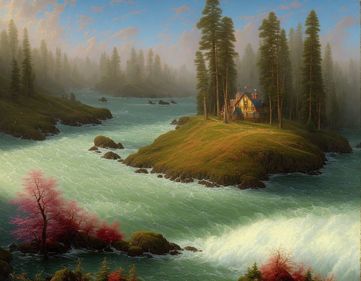 Tranquil painting of cabin on island with rushing river