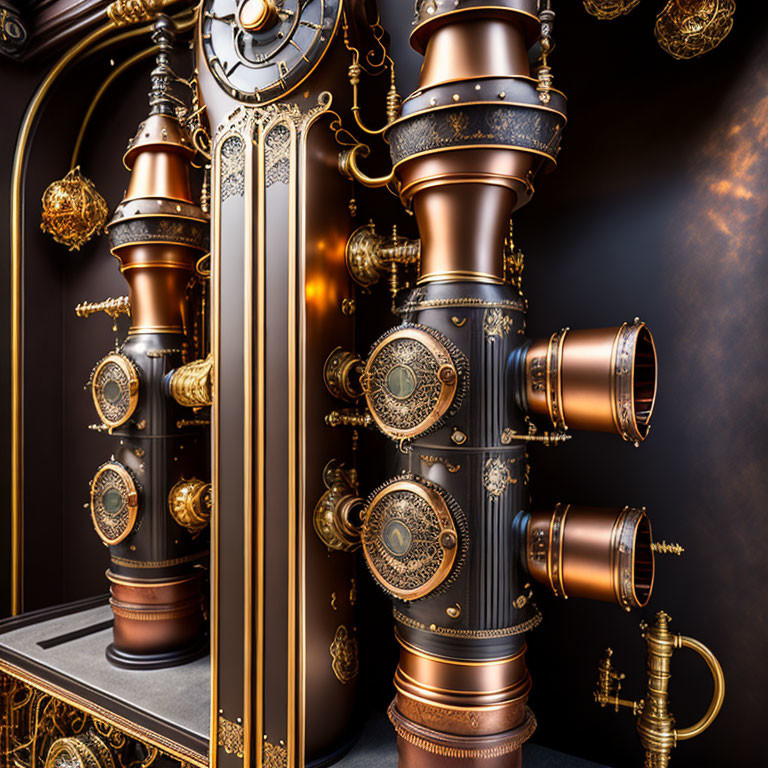 Steampunk-themed device with brass gears, pipes, and gauges on dark background