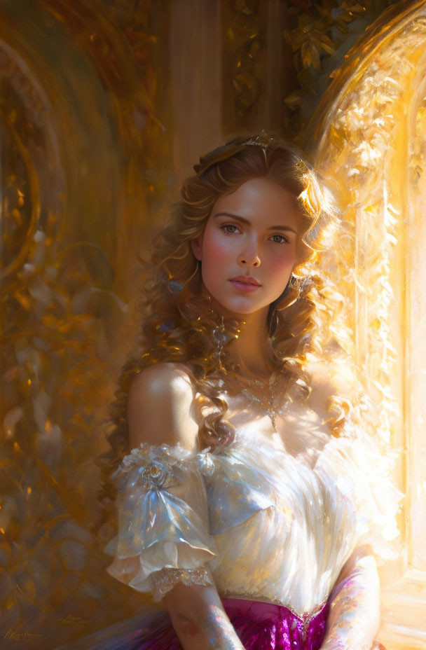 Historical woman in gown by golden ornate backdrop in warm sunlight