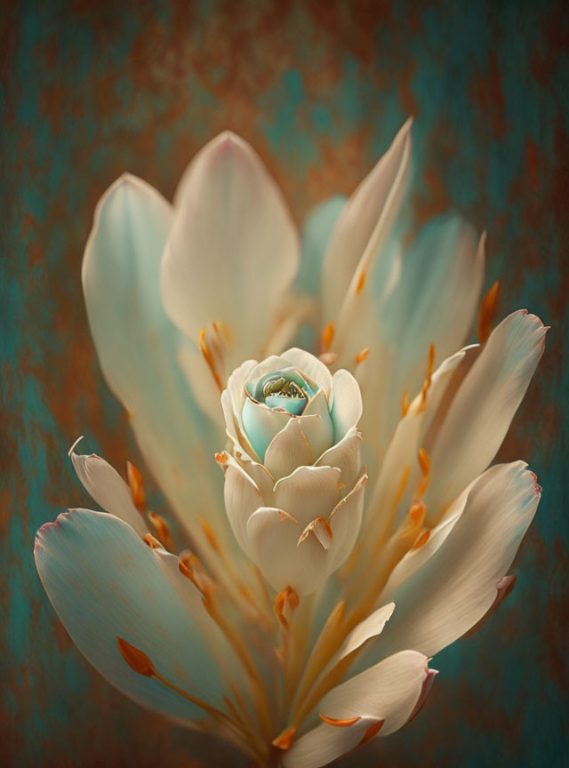 Delicate white flower with teal and amber stamens on turquoise backdrop