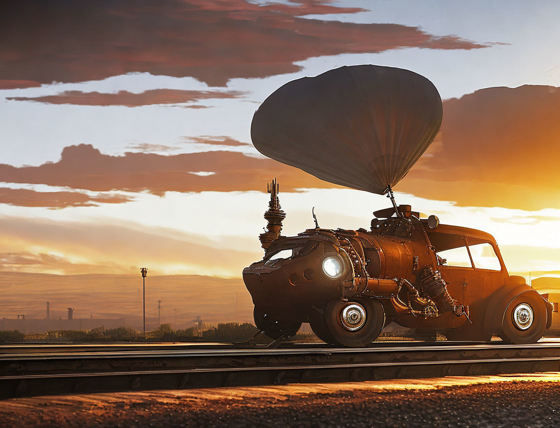 Fantastical vehicle with balloon and mechanical enhancements on railway track at sunset