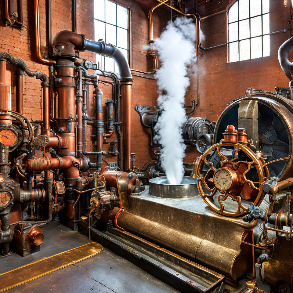 Industrial steam engine room with copper pipes, valves, large wheel, gauges, and steam leak against