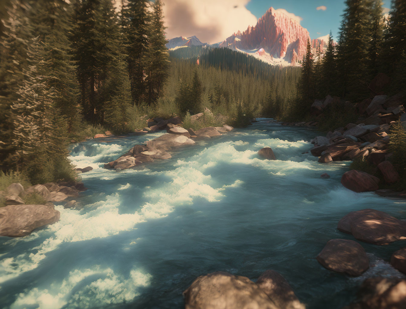 Tranquil river in forest with pine trees, rocks, and mountains