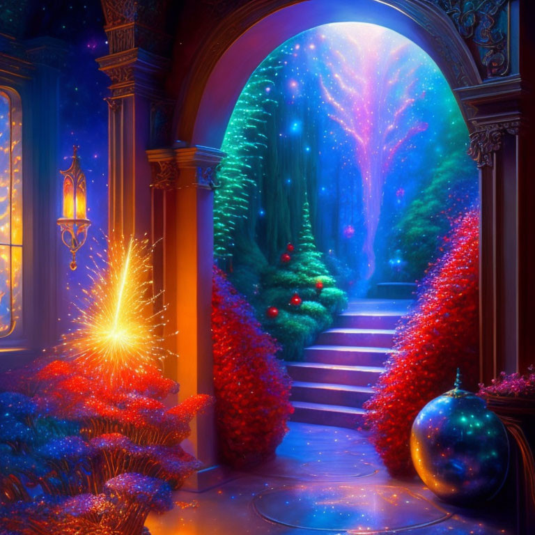 Enchanting image of magical staircase in starlit forest