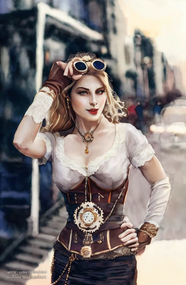 Steampunk-themed woman in detailed attire poses on street background