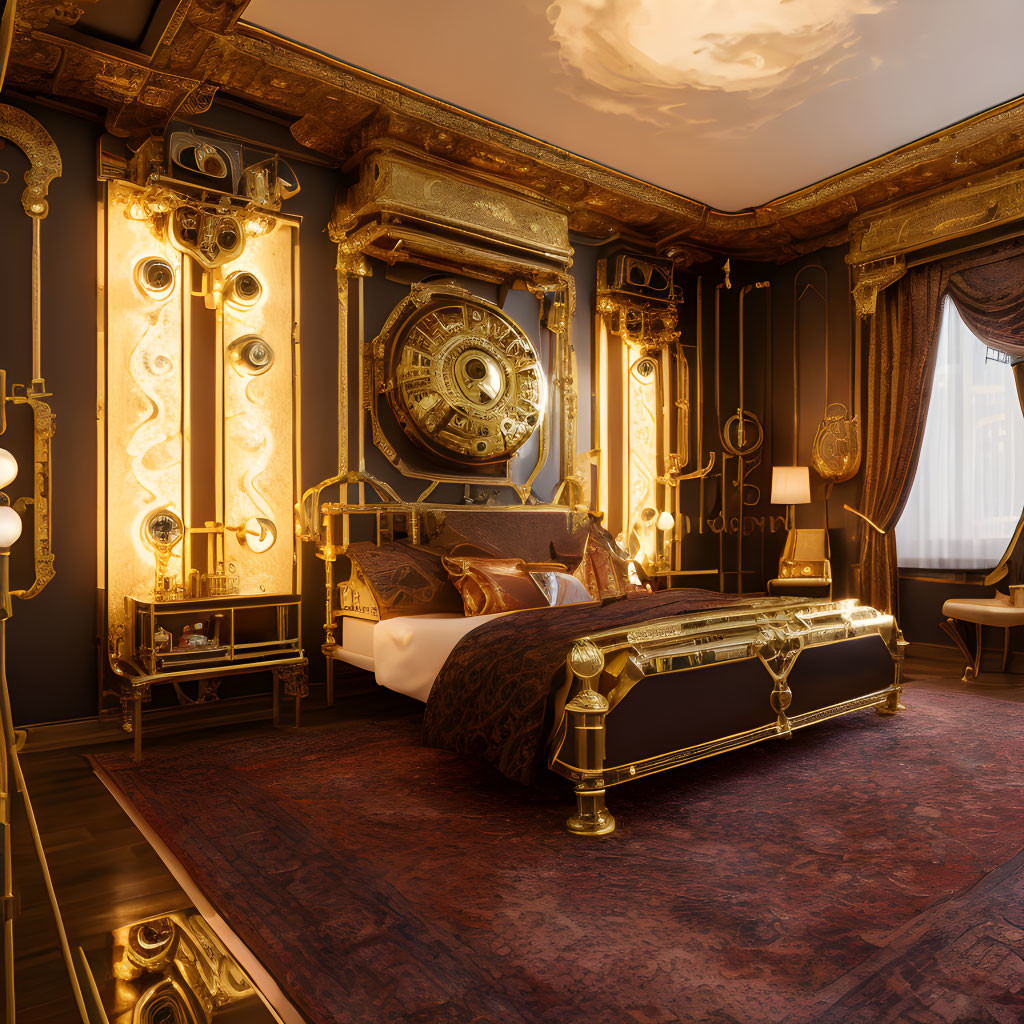 Opulent bedroom with gold accents, elegant clock, plush bedding, classical design elements