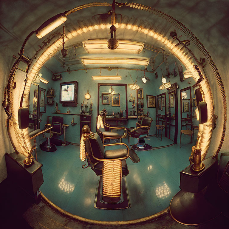 Classic Vintage Barbershop Interior: Chairs, Mirrors, Warm Lighting